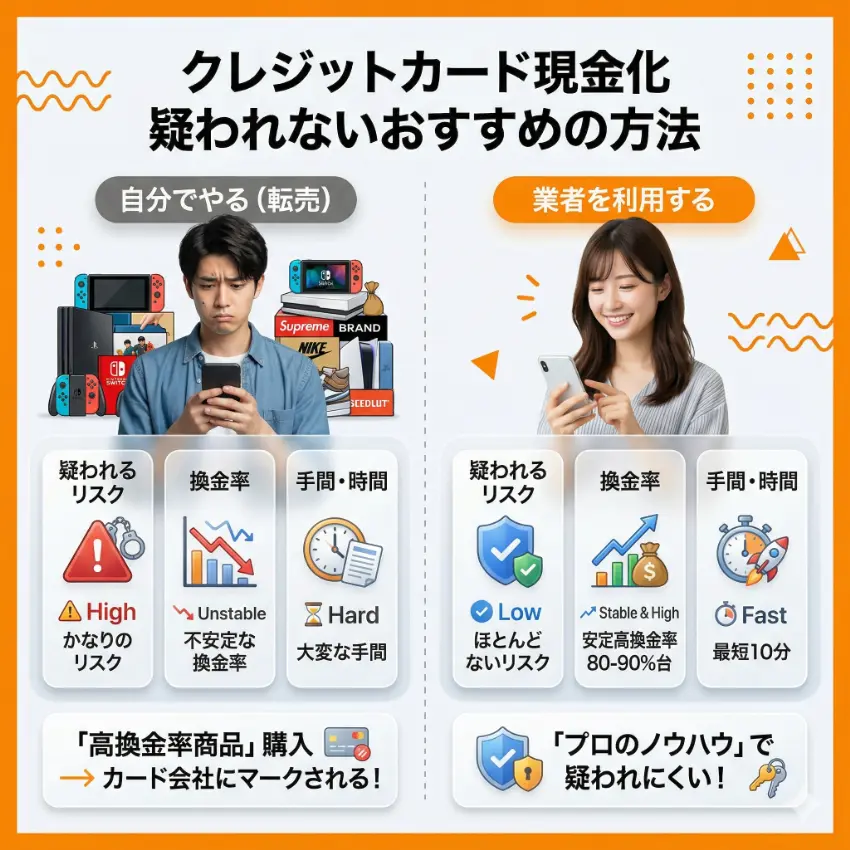 クレジットカード現金化を自分でやる場合と業者を利用する場合を比べた図